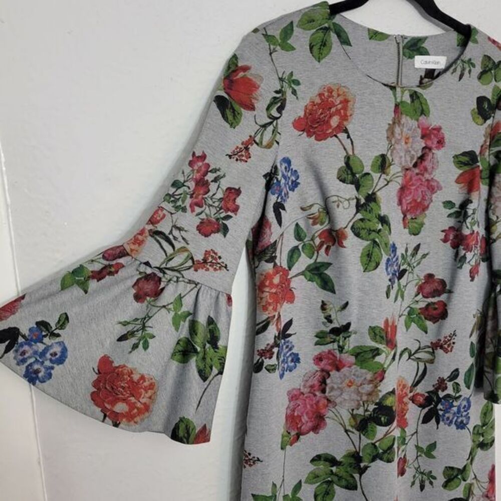 Calvin Klein Dress 12 Gray Floral Bell‎ Sleeves Zip - Picture 4 of 8